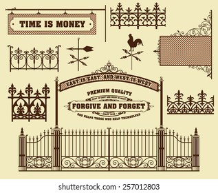 Vector set: wrought iron wicket, fence and gates grilles isolated 