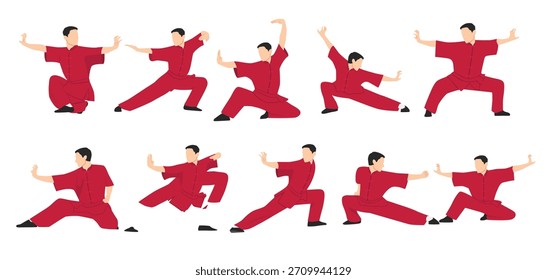 Conjunto vetorial de wushu. Posições de Wushu. Elementos e ícones de design. Ilustração de vetor plano isolada no plano de fundo branco