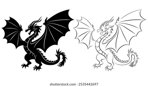 Vector set of wyvern silhouette clip art. Collection of black silhouette and outline angry dragon with wings isolated from background. Mythological fairy tale monster for tattoo. Chinese zodiac.