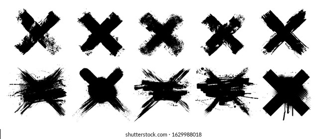 Vector set X black mark. 10 highly detailed and different crosses. Cross sign graphic symbol. High quality manually trace. Grunge X mark. Vector