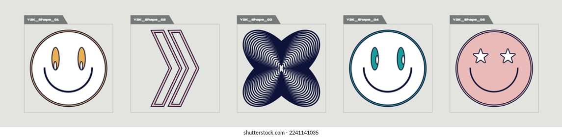 Vector set of Y2K. Big collection of abstract graphic geometric symbols. Elements for graphic decoration. Isolated on black background. Vector illustration