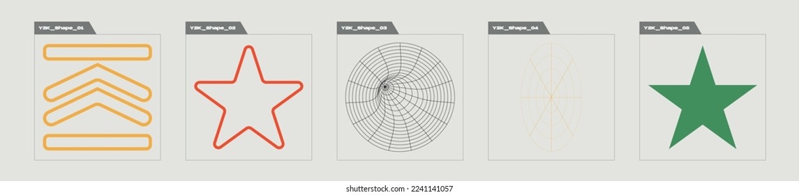 Vector set of Y2K. Big collection of abstract graphic geometric symbols. Elements for graphic decoration. Projects, posters, banners. Vector illustration