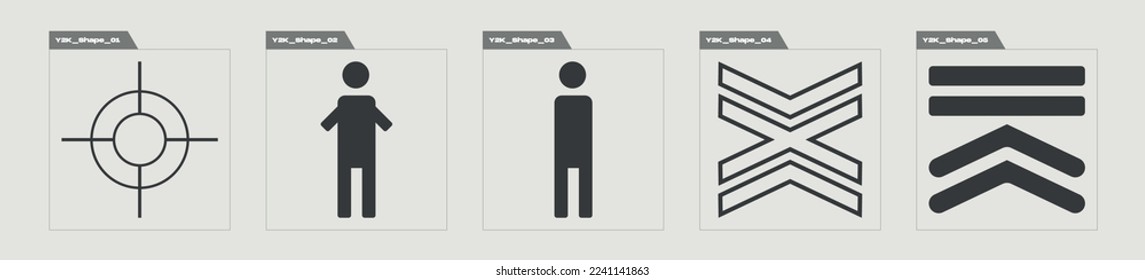 Vector set of Y2K. Big collection of abstract graphic geometric symbols. Cyberpunk elements. Futuristic. Vector illustration