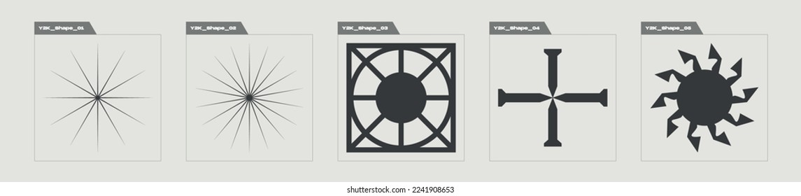 Vector set of Y2K. Big collection of abstract graphic geometric symbols. For modern T-shirts designed. Projects, posters, banners. Vector illustration