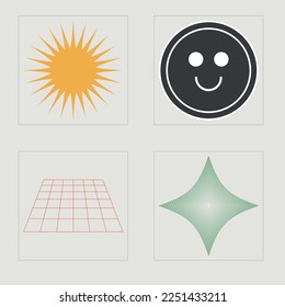 Vector set of Y2K. Big collection of abstract graphic geometric symbols. Cyberpunk elements. Isolated on black background. Vector illustration