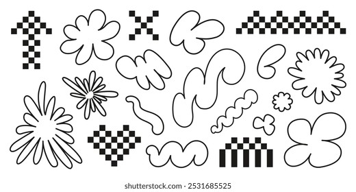 Vector set of y2k black elements isolated on a white background. Hand drawn collection of heart pixel, arrow, cross, wave, flower, organic shapes