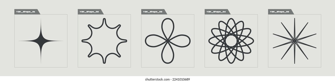 Vector set of Y2K. Brutalism star and flower shapes. Cyberpunk elements. Stars, starburst . Vector illustration
