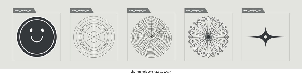 Vector set of Y2K. Brutalism star and flower shapes. Cyberpunk elements. Isolated on black background. Vector illustration