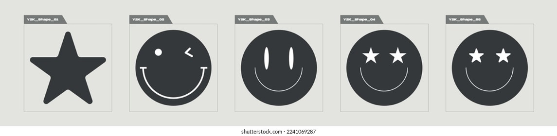 Vector set of Y2K. Brutalism star and flower shapes. Flat minimalist icons. Retro Futurist. Vector illustration