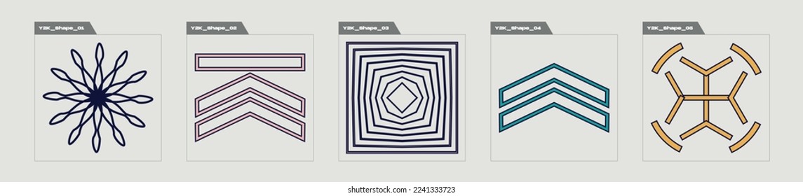 Vector set of Y2K. Brutalism star and flower shapes. Cyberpunk elements. Isolated on black background. Vector illustration