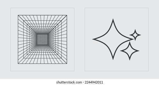 Vector set of Y2K. Brutalism star and flower shapes. Cyberpunk elements. Retro Futurist. Vector illustration