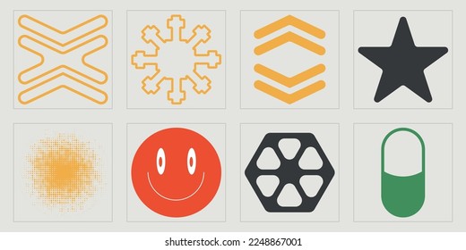 Vector set of Y2K. Brutalism star and flower shapes. Objects in y2k style. Projects, posters, banners. Vector illustration