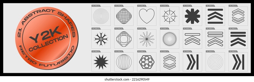 Conjunto de vectores del Y2K. Colección de símbolos geométricos gráficos abstractos. Resumen de las formas bauhaus. El brutalismo brillante forma. Ilustración del vector