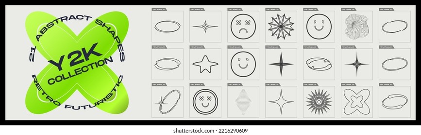 Vector set of Y2K. Collection of abstract graphic geometric symbols. Objects in y2k style. Cyber neo futuristic. Vector illustration