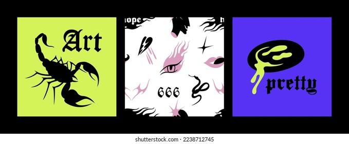 Vector set of Y2k icons or stickers with scorpion and emoji. Brutalist design tattoo compositions for prints. Seamless pattern