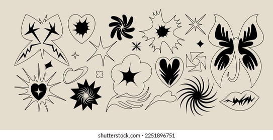 Conjunto de vectores de iconos o stickers Y2k. Diseño brutal de composiciones o impresiones de tatuajes. Estilo psicodélico