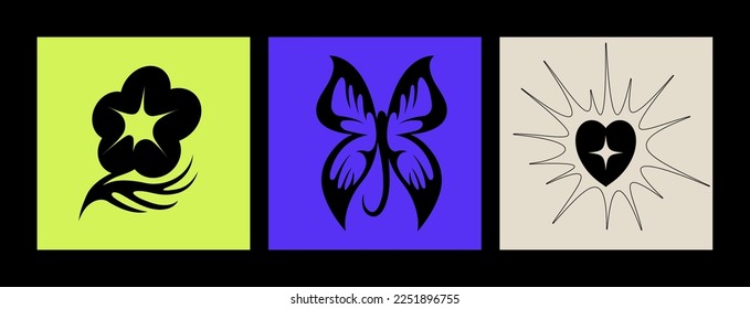 Vector set of Y2k icons or stickers with daisy flower, heart and hbutterfly. Brutalist design tattoo compositions for prints