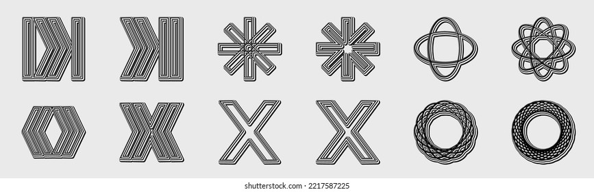 Vector set of Y2K. Large set of retro objects for design. Abstract bauhaus forms. Minimalist linear form. Vector illustration