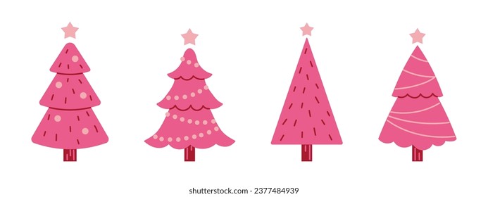 Conjunto vectorial de árboles de navidad rosados y2k. Glamour de los elegantes abetos con guirnaldas y bolas. Año Nuevo y celebración de Navidad.