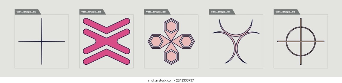 Vector set of Y2K. Rave psychedelic retro futuristic set. Modern abstract forms. Isolated on black background. Vector illustration