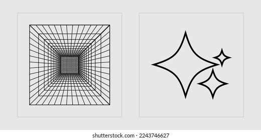 Vector set of Y2K. Rave psychedelic retro futuristic set. Templates for notes, posters. Retro Futurist. Vector illustration