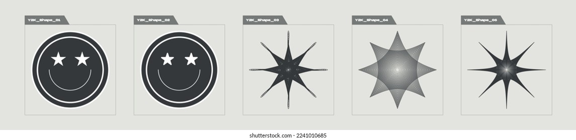 Vector set of Y2K. Retro futuristic graphic ornaments. Templates for notes, posters. Stars, starburst . Vector illustration
