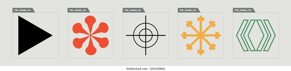 Vector set of Y2K. Retro futuristic graphic ornaments. Templates for notes, posters. Anti-design. Vector illustration