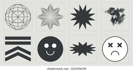 Vector set of Y2K. Retro futuristic graphic ornaments. Templates for notes, posters. Isolated on black background. Vector illustration