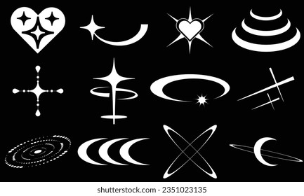 Vector set of Y2K stars, Flowers, starburst and retro futuristic graphic ornaments for decoration.