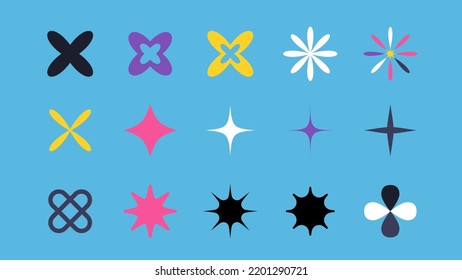 Conjunto de vectores de estrellas Y2K y adornos gráficos retro futuristas. Ilustración del vector