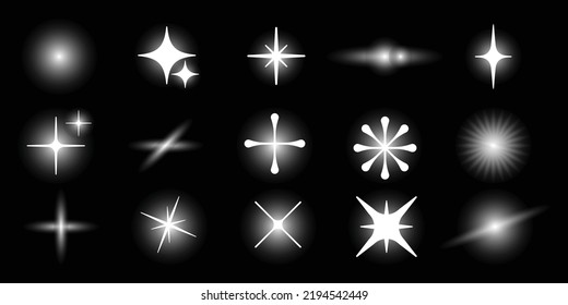 Conjunto vectorial de estrellas Y2K, estallido estelar y ornamentos gráficos retro futuristas para la decoración.