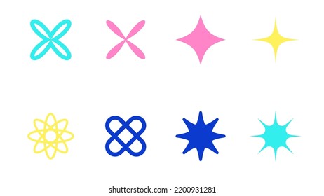 Vector set of Y2K stars, starburst and retro futuristic graphic ornaments for decoration. Vector illustration