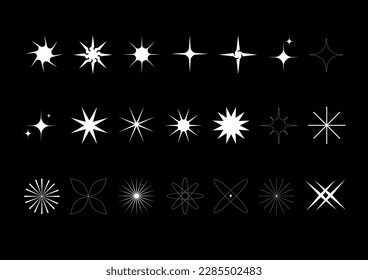 Conjunto vectorial de estrellas Y2K, estallido estelar y ornamentos gráficos retro futuristas para la decoración.