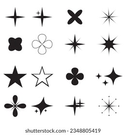Vector set of Y2K stars, starburst and retro futuristic graphic ornaments for decoration. Retro futuristic elements for design. geometric symbols and objects in y2k style.