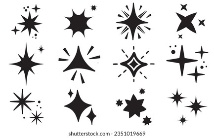 Conjunto vectorial de estrellas Y2K, estallido estelar y ornamentos gráficos retro futuristas para la decoración.