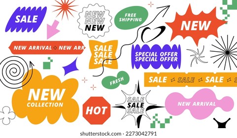 Vector set with Y2k stickers and patches for sale and discount promotion. Signs for social media posts