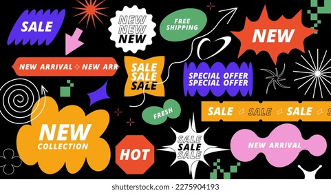 Vector set with Y2k stickers and patches for sale and discount promotion. Signs for social media posts