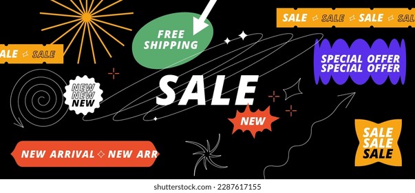 Vector set with Y2k stickers and patches for sale and discount promotion. Social media banner or background