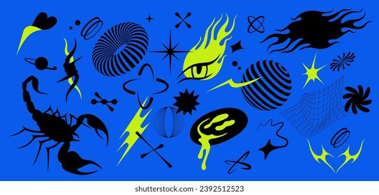 Vector set with Y2k stickers and patches for sale and discount promotion. Social media banner or background