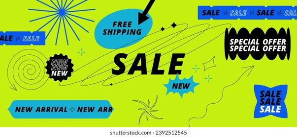Vector set with Y2k stickers and patches for sale and discount promotion. Social media banner or background