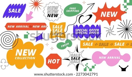 Vector set with Y2k stickers and patches for sale and discount promotion. Signs for social media posts