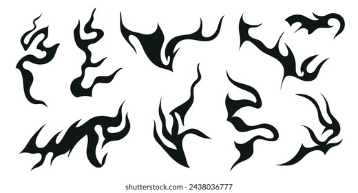 Vector set of y2k style design elements, scars, fire flames, cracks, tattoos. Neo tribal illustrations