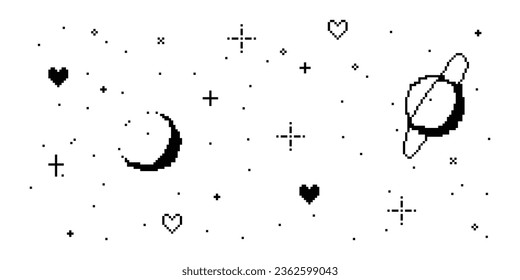 Vector set of Y2K style moon, planets and stars in pixel art for retro aesthetics and 90s work.