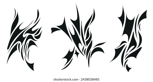 Vector set of y2k style neo tribal tattoos set, silhouettes, grunge metal illustrations. Metal, rock, punk aesthetic