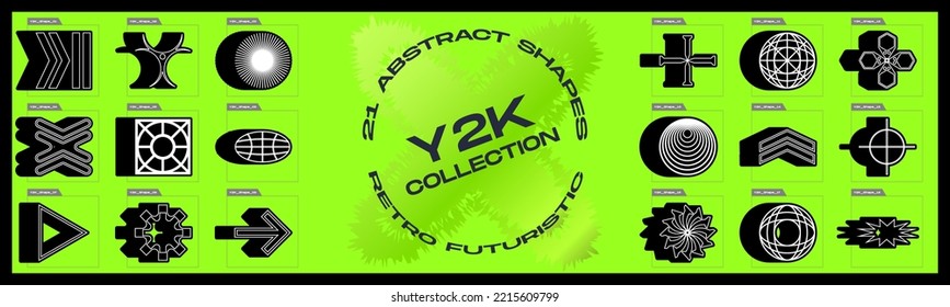 Vektorsatz von Y2K. Trendy geometrische Designelemente. Einfache Formen. Cyber neo futuristisch. Vektorgrafik