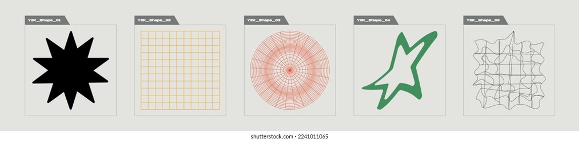 Conjunto de vectores del Y2K. Figuras geométricas posmodernas a la moda. Elementos para la decoración gráfica. Antidiseño. Ilustración del vector