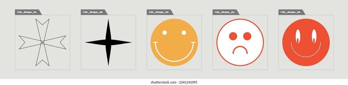 Vector set of Y2K. Trendy geometric postmodern figures. Templates for notes, posters. Isolated on black background. Vector illustration