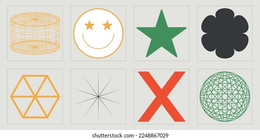 Vector set of Y2K. Trendy geometric postmodern figures. Cyberpunk elements. Retro Futurist. Vector illustration