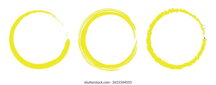 vector set of Yelllow grunge circle brush vector illustration. Abstract Yellow paint brushstroke circles pack. Set of Yellow brush circle. Set of circle, Yellow paint, ink, dirty brush strokes.