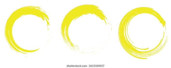 vector set of Yelllow grunge circle brush vector illustration. Abstract Yellow paint brushstroke circles pack. Set of Yellow brush circle. Set of circle, Yellow paint, ink, dirty brush strokes.